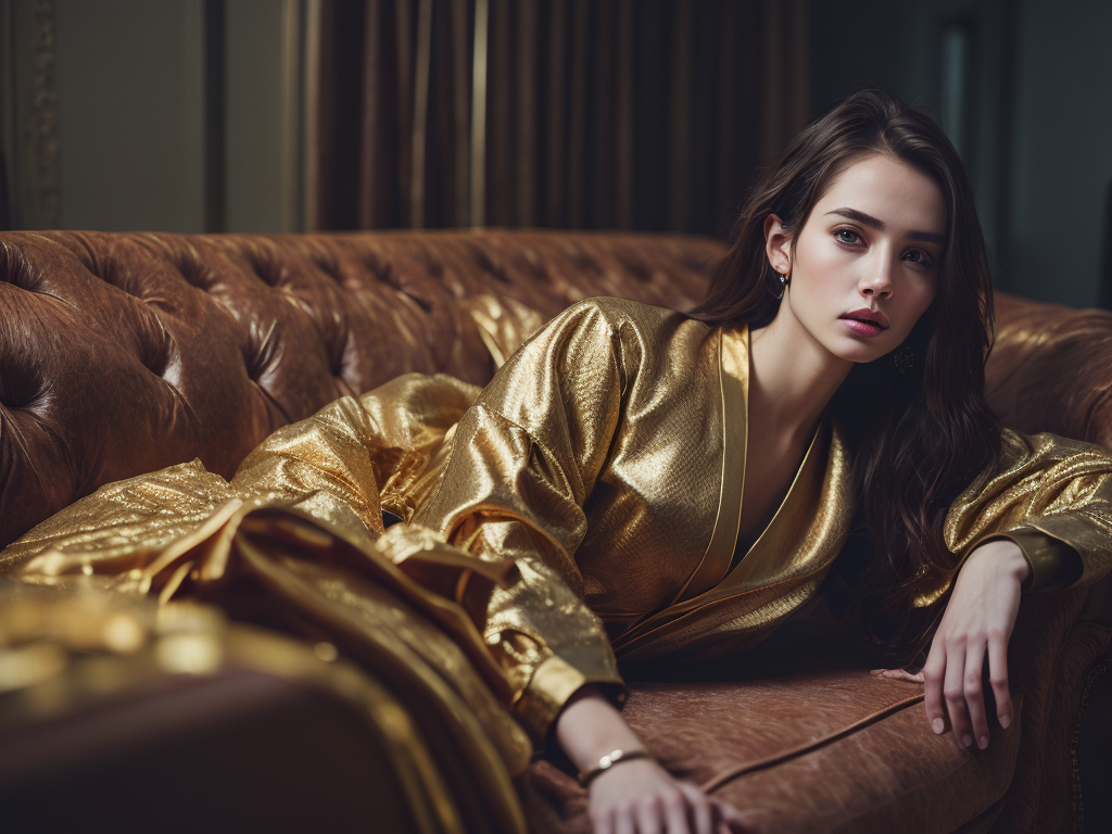 beautiful 20 year old woman in lavish golden robe laying on an antique sofa, face in focus, detailed eyes, highly detailed, sharp focus, golden jewelry