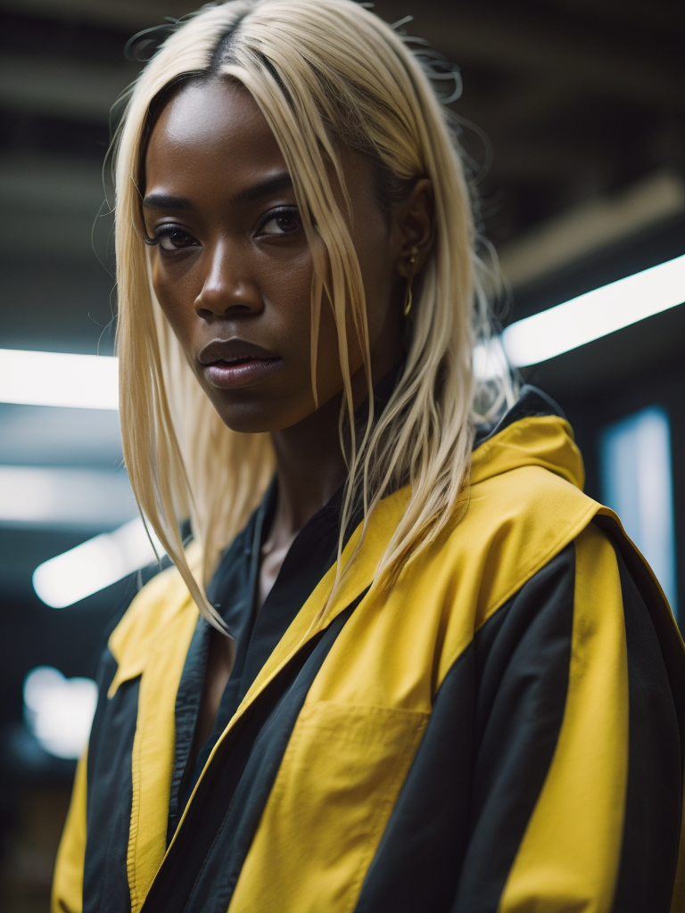 kill bill movie, a black women portrait wearing yellow robe, blood on her face