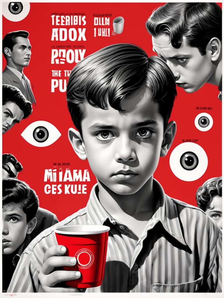 Miami young boy holding a red cup eye-catching poster-style drawing and illustration representing the iconic pulp style.