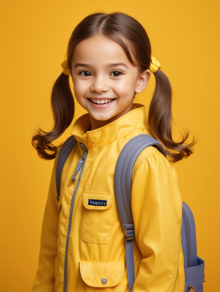 photo happy little girl going to travel, cute girl, dressed in all yellow, yellow background, harpers bizarre, cover, headshot, hyper realistic
