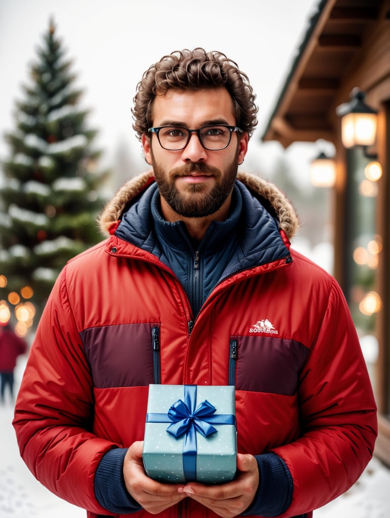 portrait of a bearded curly man wearing red puffer jacket, reeding glasses, stands front camera with gift box his hand, snowy weather, Christmas time, blurry background