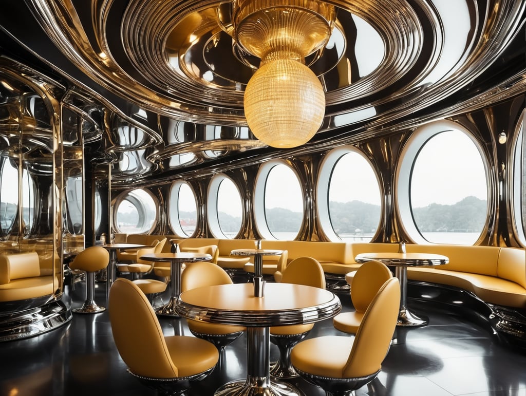 Futuristic interior of UFO cafe. Alien interior, chrome and gold tones