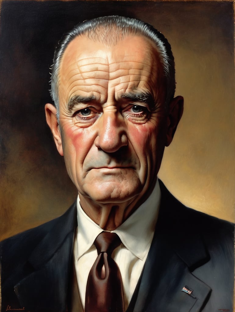 Portrait of Lyndon B. Johnson by Rembrandt Harmenszoon van Rijn, sad face, America, so sorry