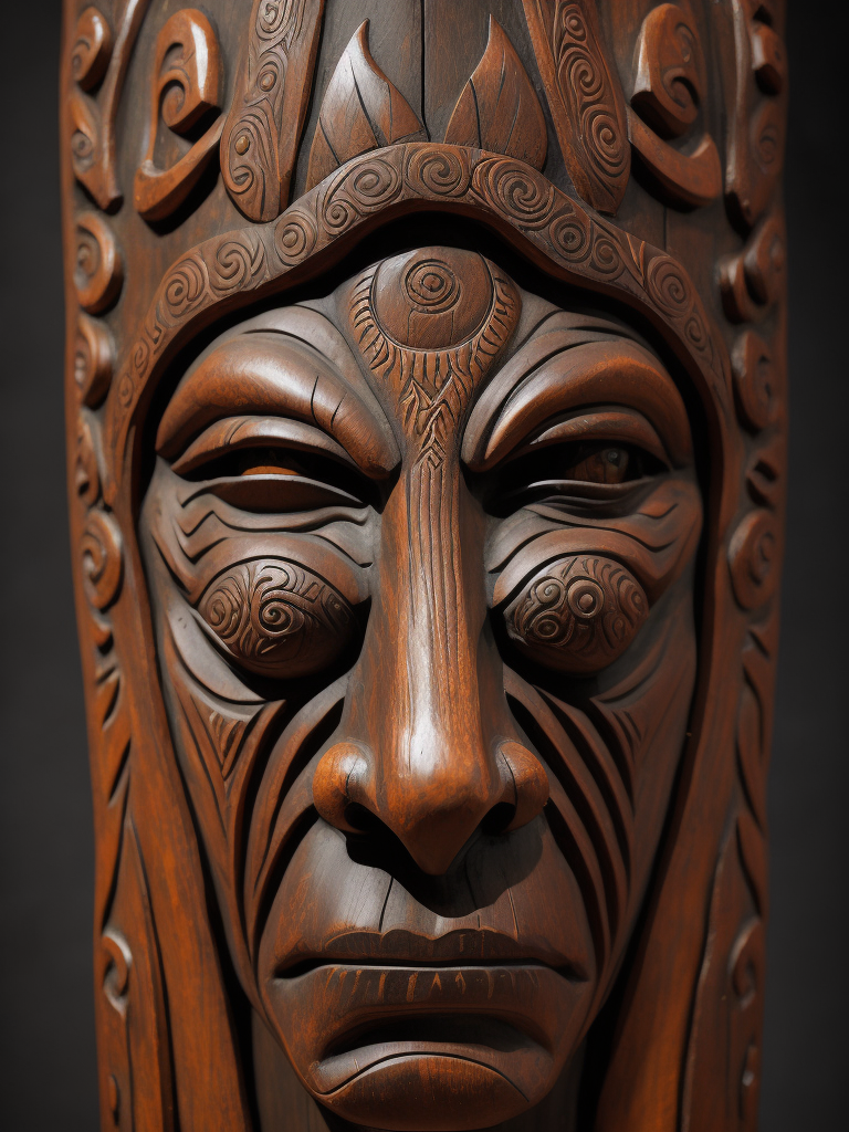 a North American totem carved from the dark wood, detailed, deep carving, handcrafted