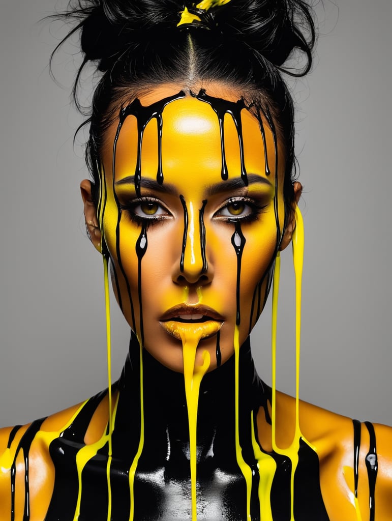 a painting of a woman with yellow forks sticking out of his face, dripping in neon paint, surreal black and yellow, by Antoni Pitxot, neon paint drip, neon, dripping paint, face melting, melting and dripping. eerie, inspired by Nick Gentry, inspired by Roberto Parada, (((yellow))), yellow aura, inspired by Antoni Pitxot