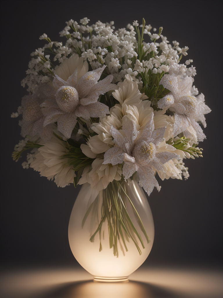 Luminiscent glowing Abstract bouquet of fractal flowers in a uniquely shaped vase, sharp focus