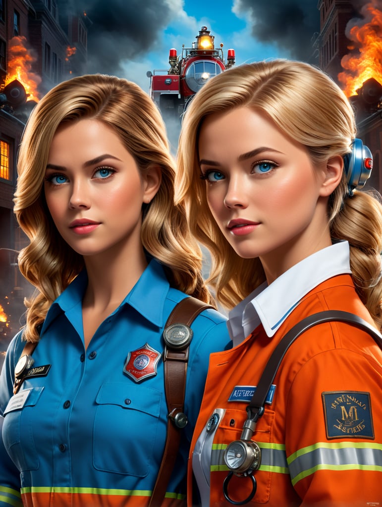 A Disney Pixar-inspired movie poster with the title *MARINA* featuring *woman firefighter wearng short blonde hair, blue eyes and woman doctor wearing long brown hair, brown eyes, our loves,* The scene should be set in the distinct digital art style of Pixar, with a focus on character expressions, vibrant colors, and detailed textures that are characteristic of Pixar animation, standing centered in 3D style, rendered using beautiful Disney animation, Pixar style, Disney style, 3D style