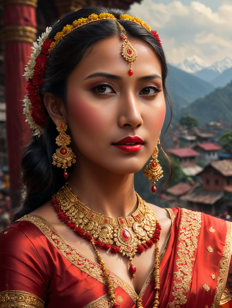 Nepali girl in her wedding wearing gold necklace and red saree with Mari gold flowers decorated Kathmandu background