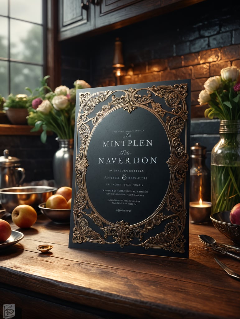 wedding invitation on the kitchen bench. nice moody light