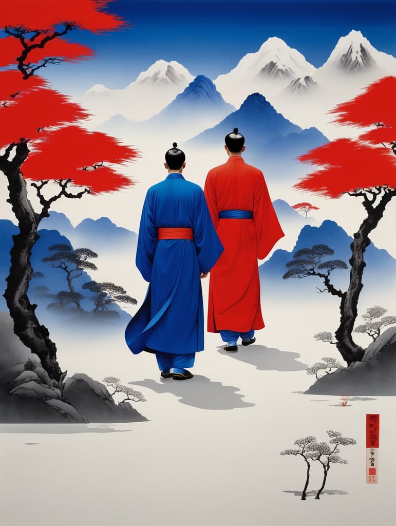 Chinese palace,classical,The men in robes were walking,Oriental aesthetics，Chinese Zen, minimalism, Klein blue and Red,Postminimalism,landscape painting,by Eiko ojala,by Noma Bar,Mountains and mountains in Song Dynasty