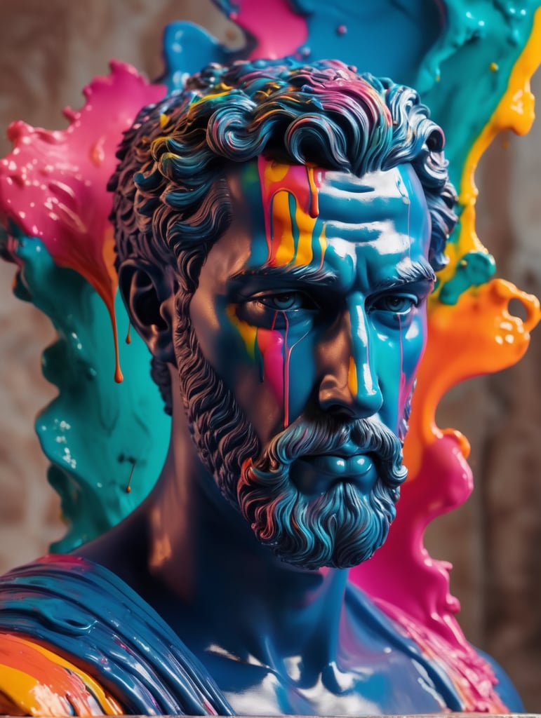 greek male bust with colorful paint, melted, the paint is flowing, aesthetic background