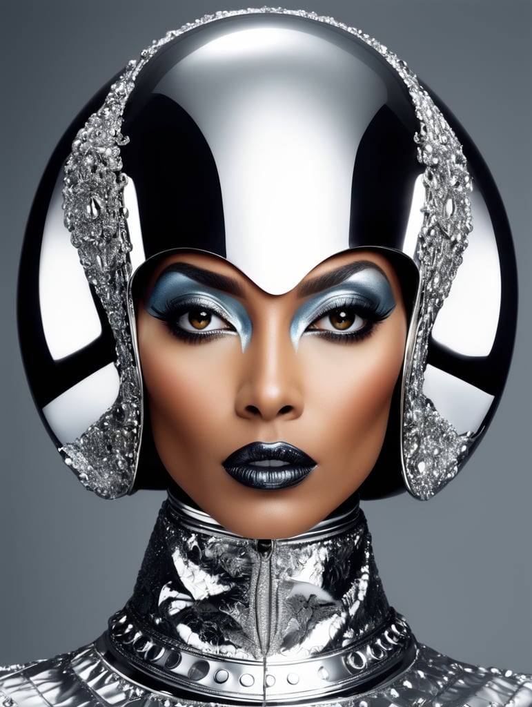 Donyale luna, avant-garde, simplygo, photoshoot spread, dressed in all chrome, foil background, harpers bizarre, cover, headshot, hyper realistic