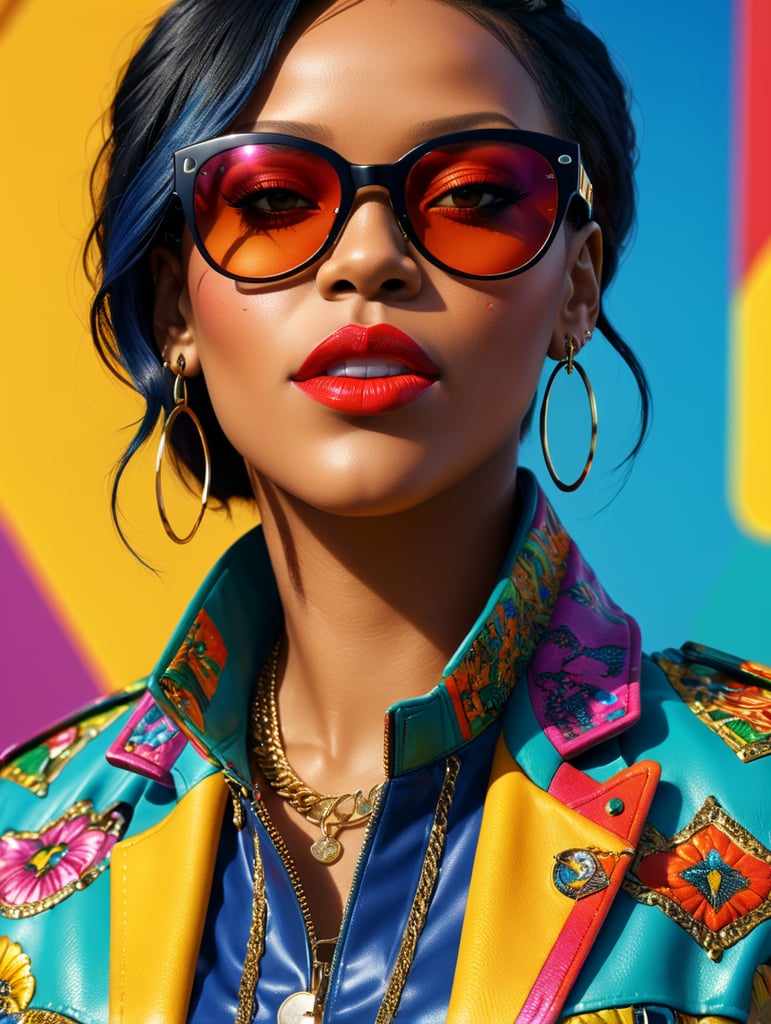 Rihanna wearing a brightly patterned jacket and wayfarer glasses, Vivid saturated colors, Contrast color