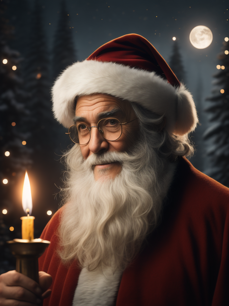 Magical Santa Claus with a white beard, hat, and glasses smiling and looking directly at the camera. Santa Claus is holding a candelabrum that has a candle. The environment is magical we can see a magical enchanted Christmas forest at night with stars and a big moon in the background and it seems that candlelight illuminates Santa Claus's face. The photo is realistic and has a vintage style and a cinematic Pixar-style look.