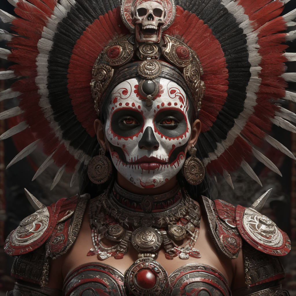 Itzpapalotl, aztec deity, woman with a skull face, black, red and white
