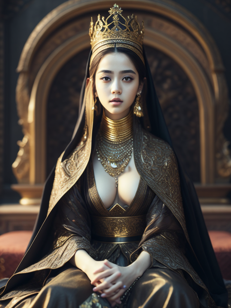 korean k-pop jisoo black pink with arabic fashion black cloak and gold crown in the Renaissance ottoman throne kingdom, photo realistic, ultra-accurate detailed, bokeh lighting, hyper-realistic, real photo, real face of rose blackpink, ultra-detailed photograph