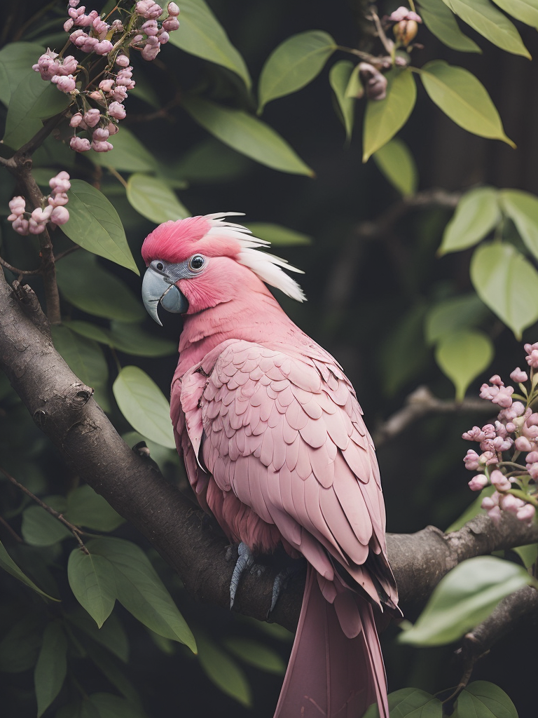 pink and white cest galah cockatoo bird in a tree with green leaves and flowers, fantasy animation, for children book illustration, cute big circular reflective eyes, pixar render, Vibrant colors, Depth of field, Incredibly high detail