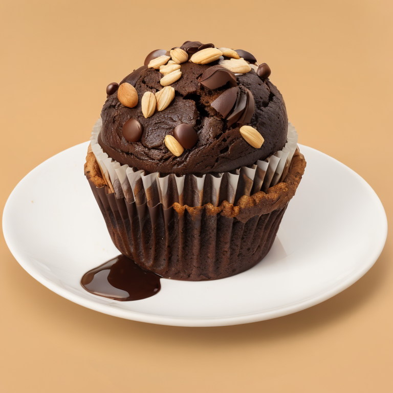 chocolate muffin with nuts on a plate, focus on details, high quality photo