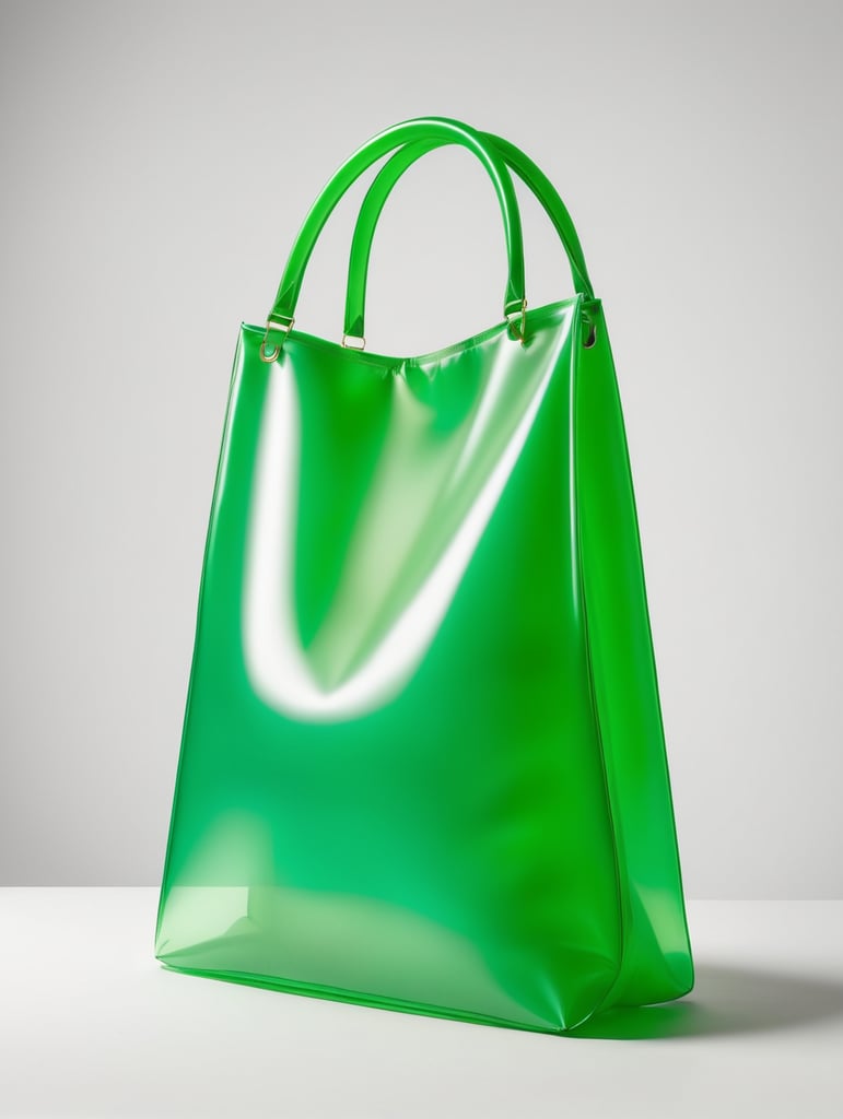 Inflatable vibrant green minimalist women's bag, transparent, isolated, grey background, mockup