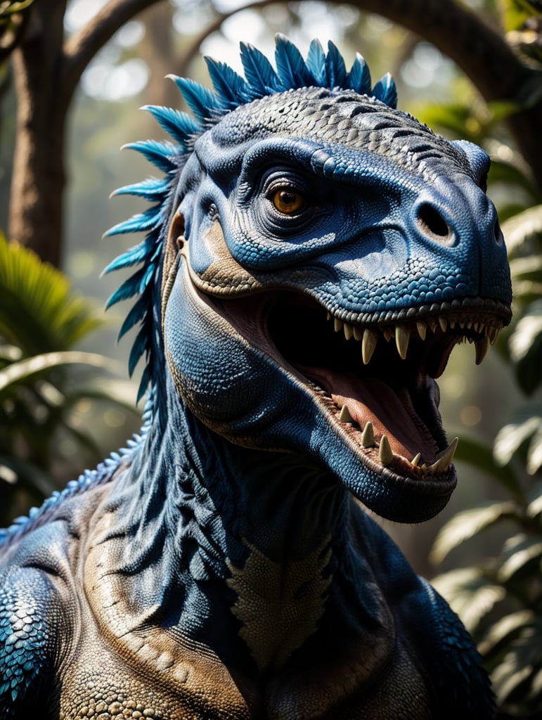 Blue feathered Tyrannosaurus rex, Vibrant colors, Depth of field, Incredibly high detail, Blurred background