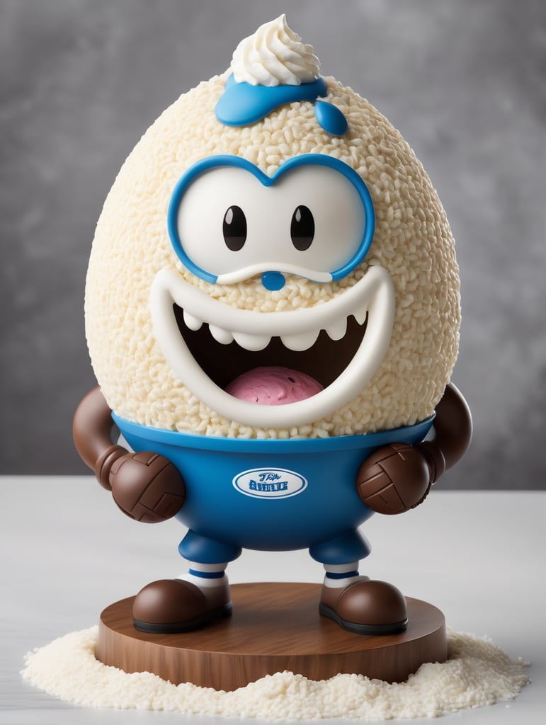 wiffle shaped like a football character , grain grinder on top, ice cream backing , freez, realistic