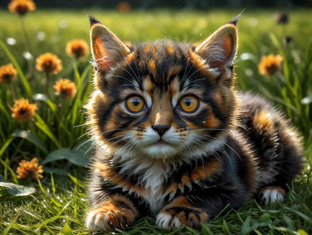 Small tortoiseshell kitten lying on a grass lawn.