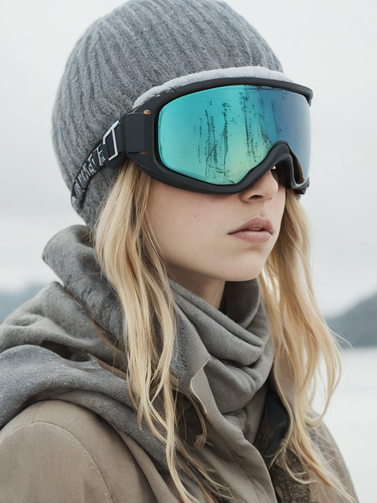 portrait of a girl in a hat and goggles for snowboarding, blond hair, white background
