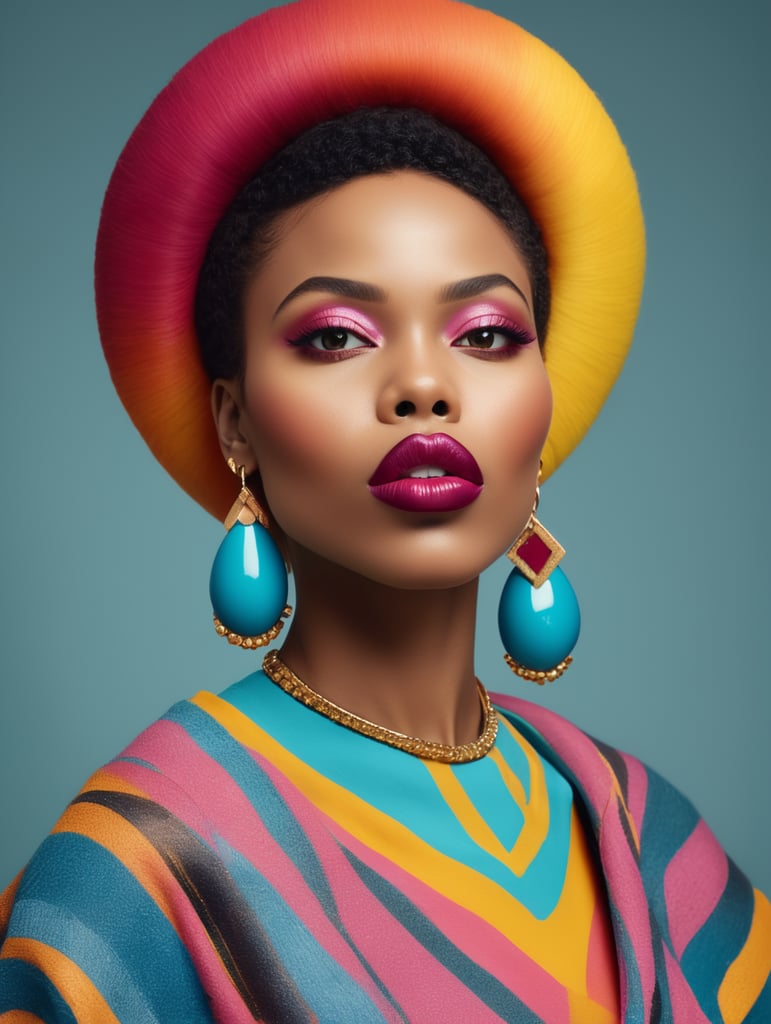 Portrait of a black woman with big lips, bright colors, studio photo, fashion photo, Aida Muluneh style image