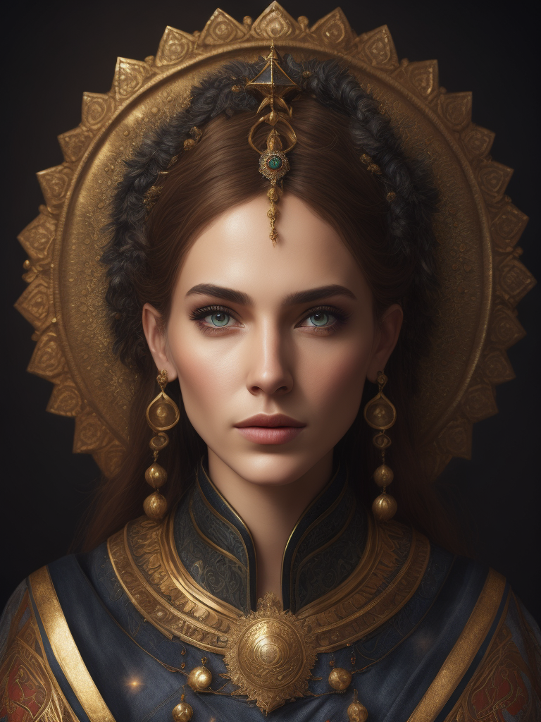 Portrait of a beautiful woman from a Russian fairy tale in a traditional costume around rowan bunches with a holy halo around her head like on Orthodox icons