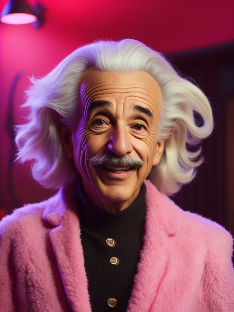 Albert Einstein Barbie style, dressed all in bright pink, bright pink hat, bright pink sweater with black stripes, blurred pink backround, glamour style, metal claws, looking up at the camera and smiling devilishly, stock photo, conceptual art, photorealistic imagery