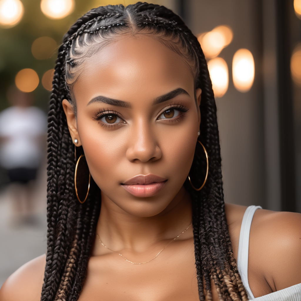 physically fit 25 year old black woman with box braids, slanted eyes and big full lips