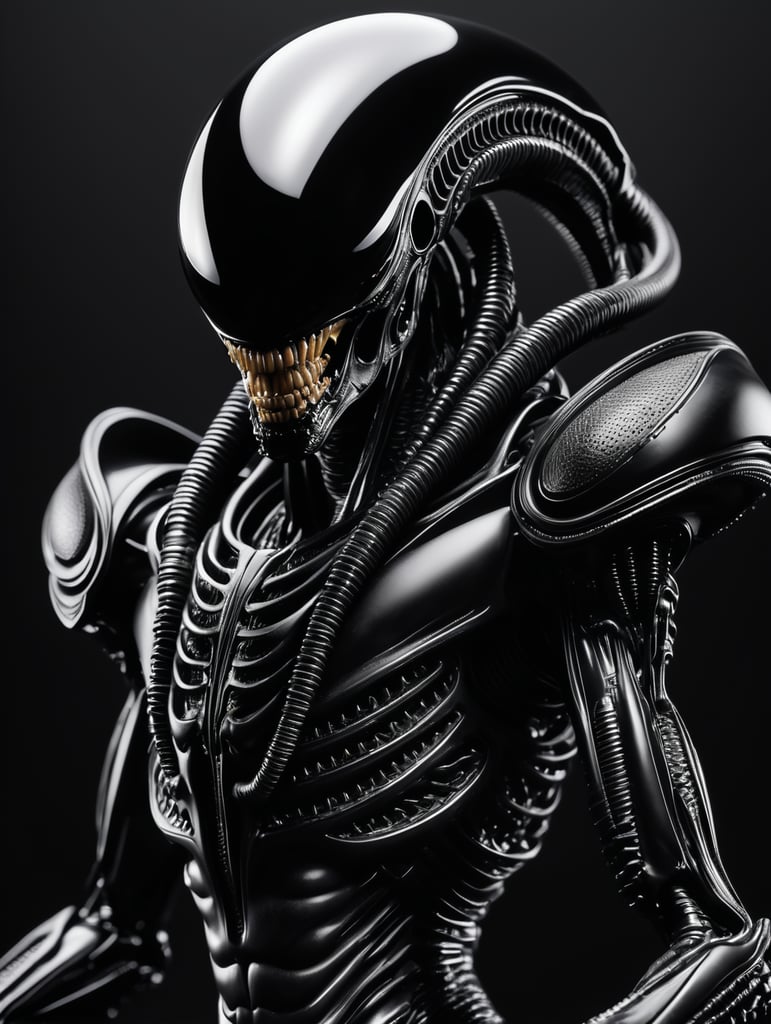 Xenomorph Alien , Alien, avant-garde, simplygo, spread, dressed in all black, black background, harpers bizarre,hyper realistic playing techno dj in rave
