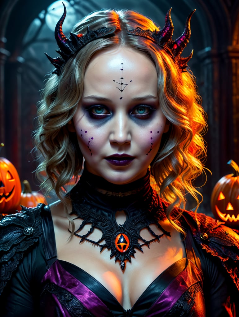 Jennifer Lawrence as a creepy evil character wearing a spooky Halloween costume, Vivid saturated colors, Contrast color