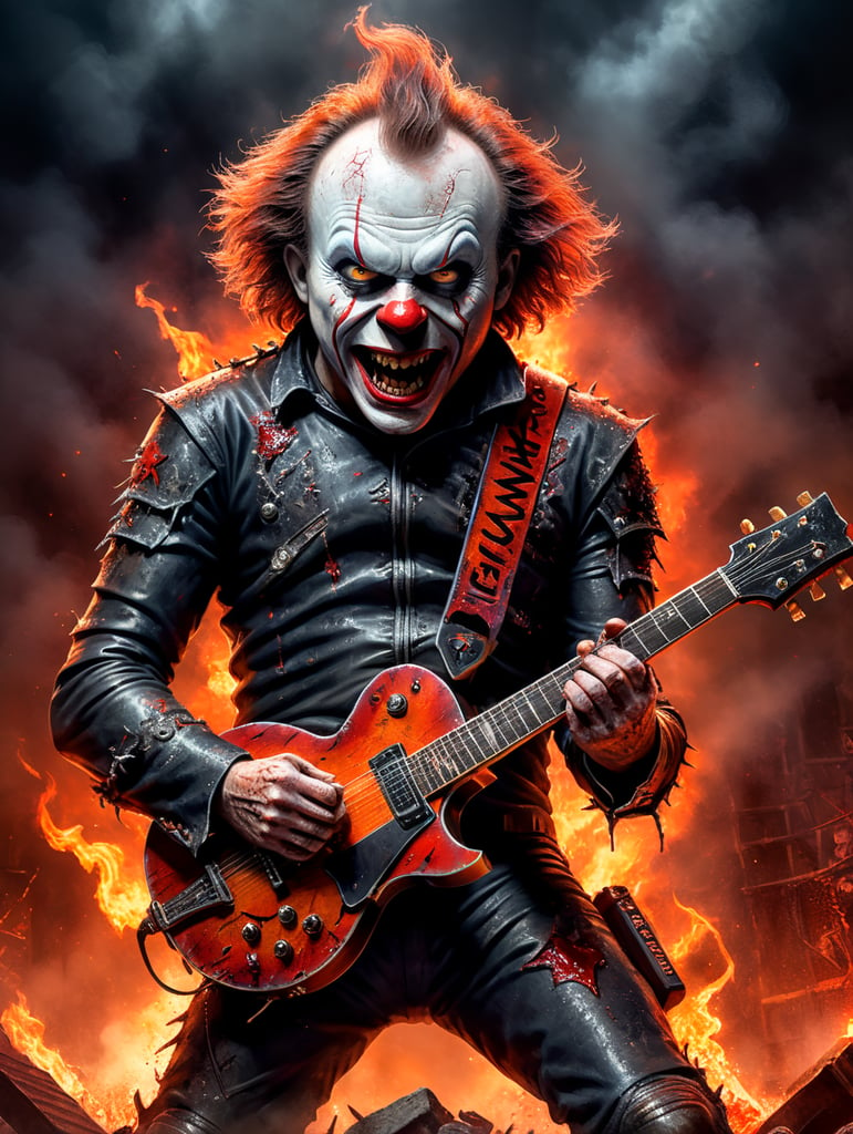 Illustrate the most horriffic and detailed AC DC’s guitar player, Angus Young. Dressed in a distressed, slashed and bloody Chucky suit, with his classic black gibson guitar hanging in front of him,his arms up and his hands with his fingers positioned as two horns, with a dark sinister look, face painted like Pennywise and two evil red hrons comming out from his front head. In the back, thousands of zombies cheering in a concert like scene, very orange flame like.