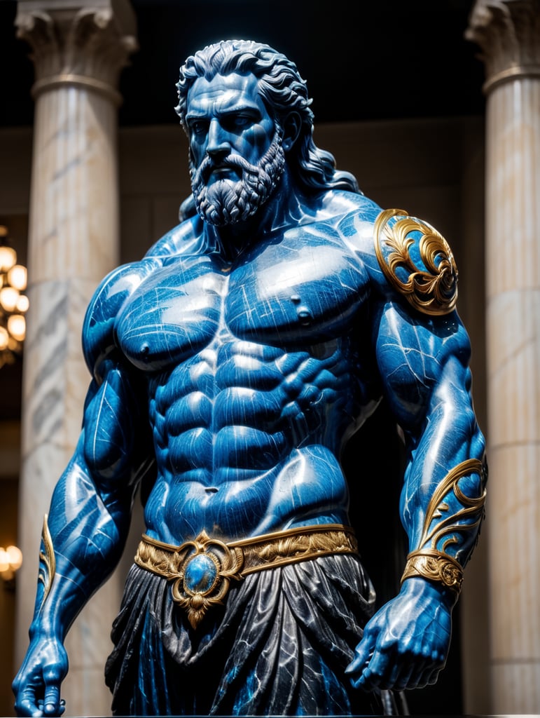 Translucent marble statue of a zeus, made from black matte stone, cracks are ultra blue translucent liquid