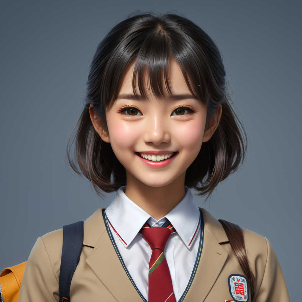 A Japanese girl in her winter school uniform, smiling in front of camera