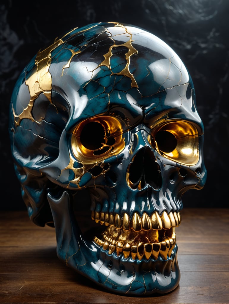 A cracked shiny obsidian sculpture of a skull with gold inside, studio lighting, dark background