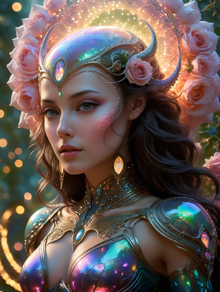 In the heart of a rose-tinted landscape, a beguiling Venusian humanoid captures the gaze with her ethereal beauty. Soft, shimmering skin reflects the gentle light, while intricate patterns of celestial symbols adorn her delicate features. This mesmerizing portrait, whether a digital rendering or a stunning painting, exudes an otherworldly allure and exquisite detail that mesmerizes the viewer. The artist's skill shines through in the vivid colors and captivating expression of the alien's serene countenance, inviting viewers to immerse themselves in the fantastical world of Venusian beauty. playful body manipulations, divine proportion, non-douche smile, gaze into the camera, holographic shimmer, whimsical lighting, enchanted ambiance, soft textures, imaginative artwork, ethereal glow, silent Luminescence, whispering Silent, iridescent Encounter, vibrant background, by Skyrn99, full body, (((rule of thirds))), high quality, high detail, high resolution, (bokeh:2), backlight, long exposu