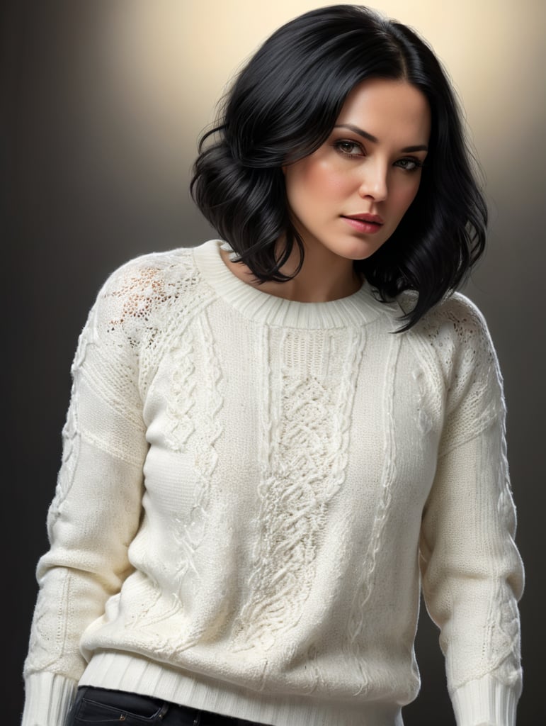 A 35-year-old woman with shoulder-length black hair wearing a white sweater, Half-body close-up photos,