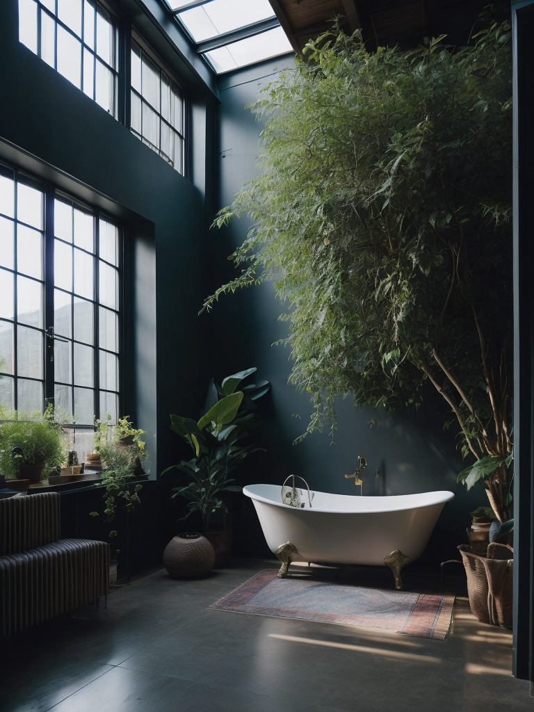 Architectural digest photo of a maximalist bathroom living room with lots of flowers and plants, golden light, award winning masterpiece with incredible details big windows, highly detailed, harper's bazaar art, fashion magazine, sharp focus