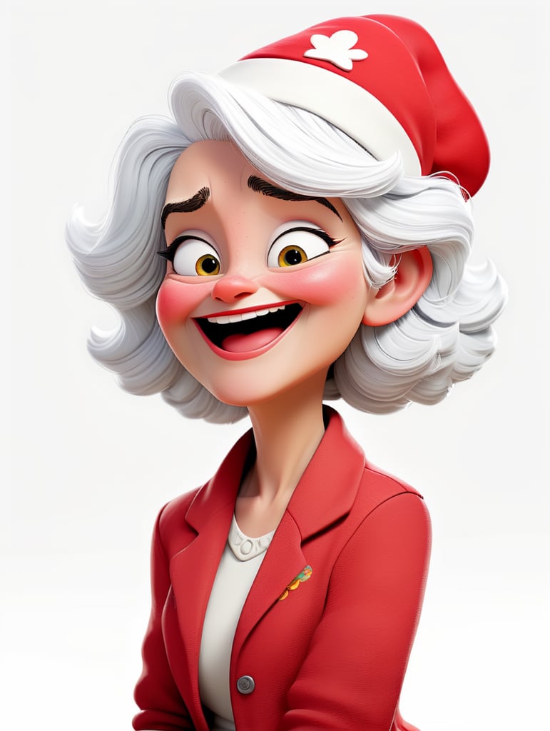 a happy young women with white hair and red hat on his head is wearing a white lacket, isolated, white background