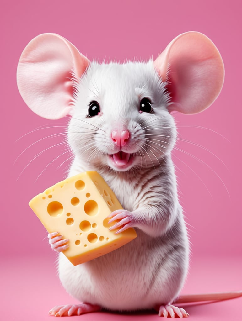 cute pink rat holding a cheese