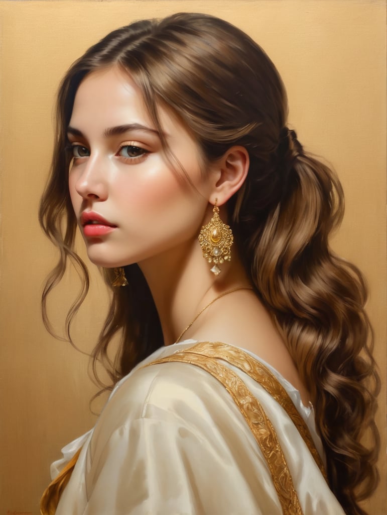 Beautiful girl sitting profile face oil painting baroque style golden hues fine art