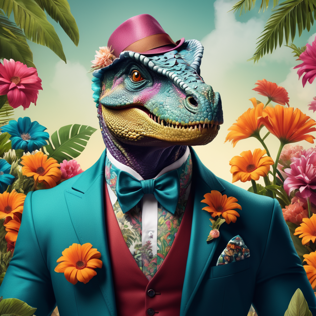 t-shirt design of a dapper dinosaur and flowers, detailed, vintage, playful, vivid color, photoshoot, Cinematic, Color Grading, hyper-detailed, intricate details