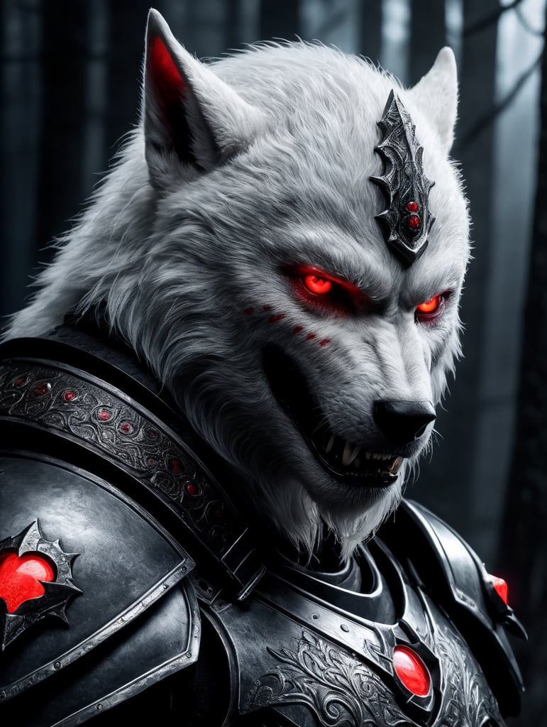 White werewolf elf assassin wearing armor with glowing red eyes