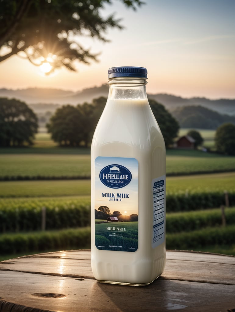 A mockup of a square bottle of milk, early morning, farm blurred background