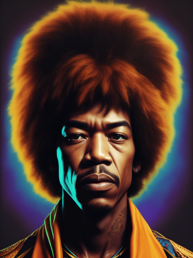 Jimi Hendrix face, front view, color photography