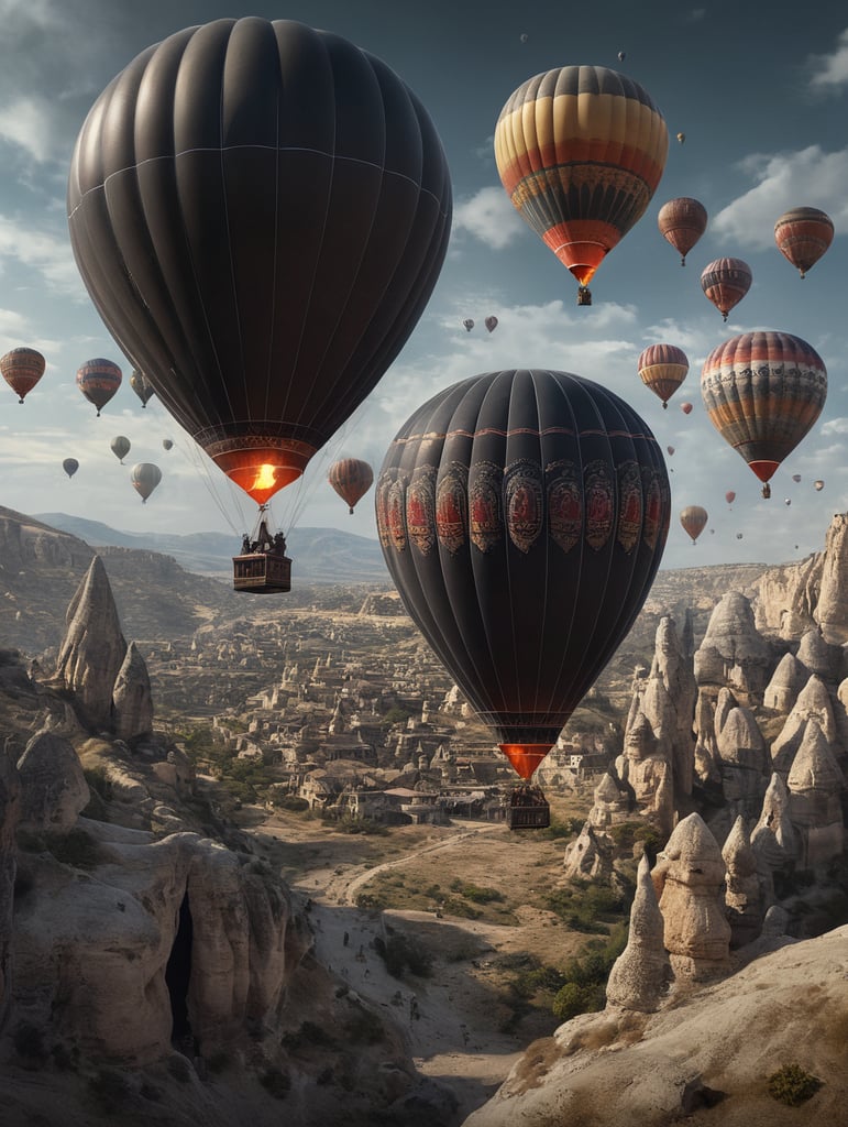 Turkish flying ballons in cappadocian sci-fi