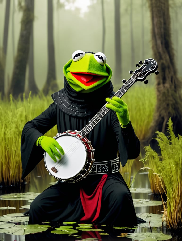 Kermit the frog dressed as a Sith Lord playing the banjo in a swamp