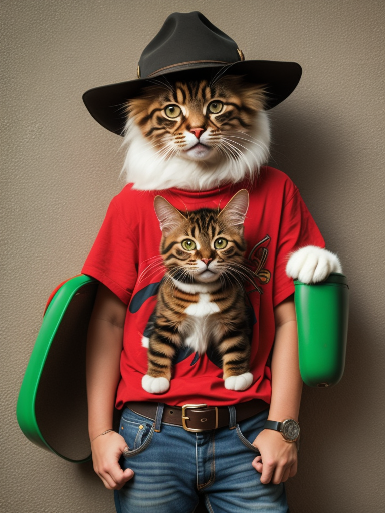 cat in blue jeans and a red t-shirt with a cowboy hat and green boots